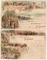 2 Lithokarten  'Gruss vom Jugendfest St Gallen'