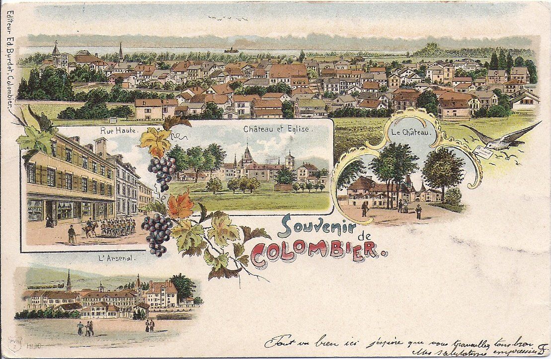 Cartoline postali: COLOMBIER, litho avec 5 vues – Usato da Les Verrières venduto da Scampi0