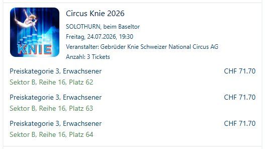 Tickets: Circus Knie 2026 3 Tickets SOLOTHURN – Gebraucht aus Bern von marcogut 1
