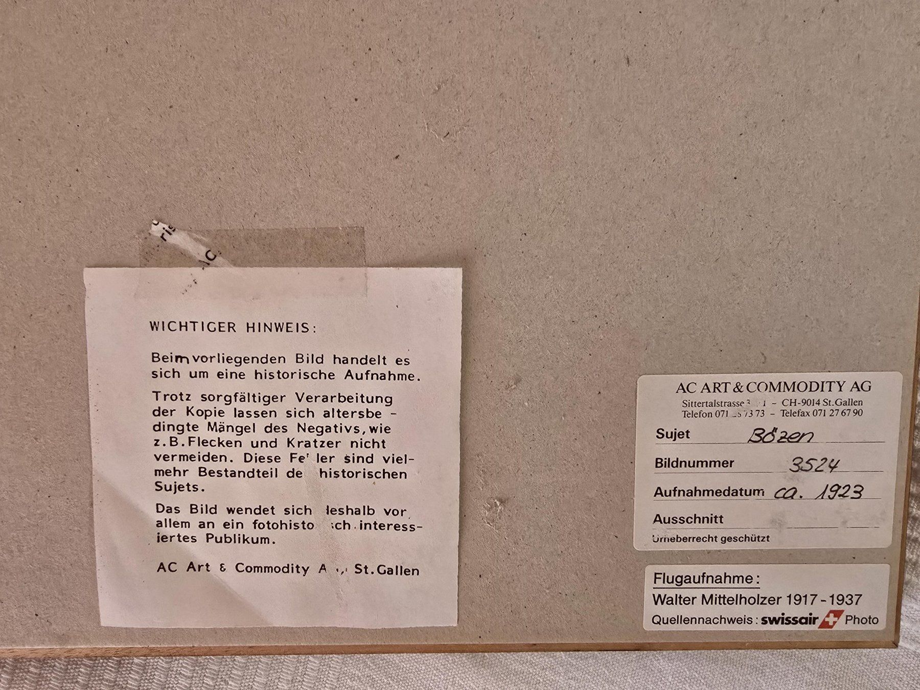 Poster & Bilder: Luftaufnahme Mittelholzer Bözen 1923 – Gebraucht aus Bözen von Maerchenprinz 1