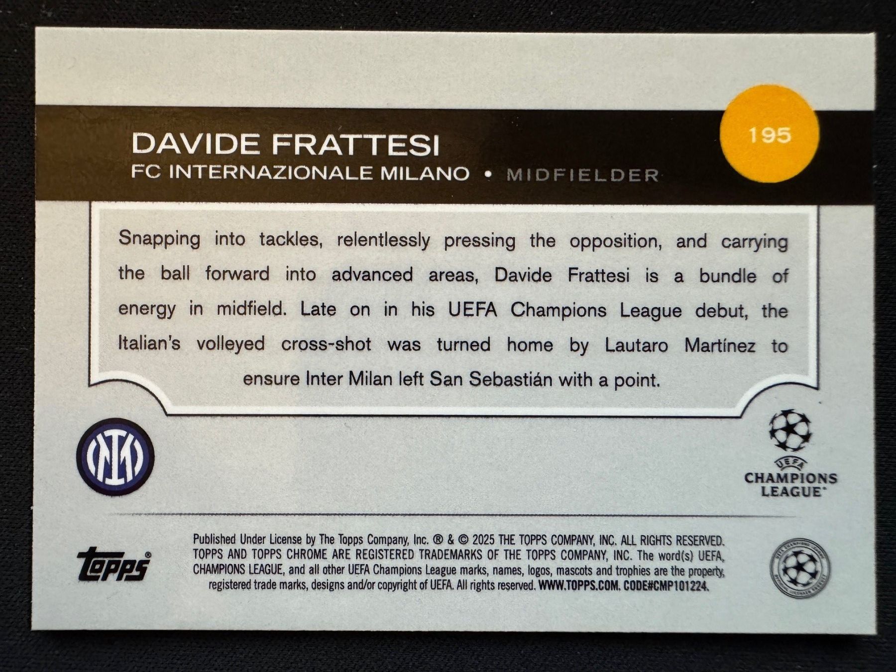 Topps Carte collezionabili: Topps Chrome Davide Frattesi 52/225 Inter Mailand – Nuovo (secondo la descrizione) da Schübelbach venduto da CardZilla 1