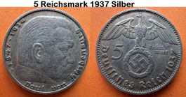 5 Reichsmark 1937 D Silber,  Paul Hindenburg