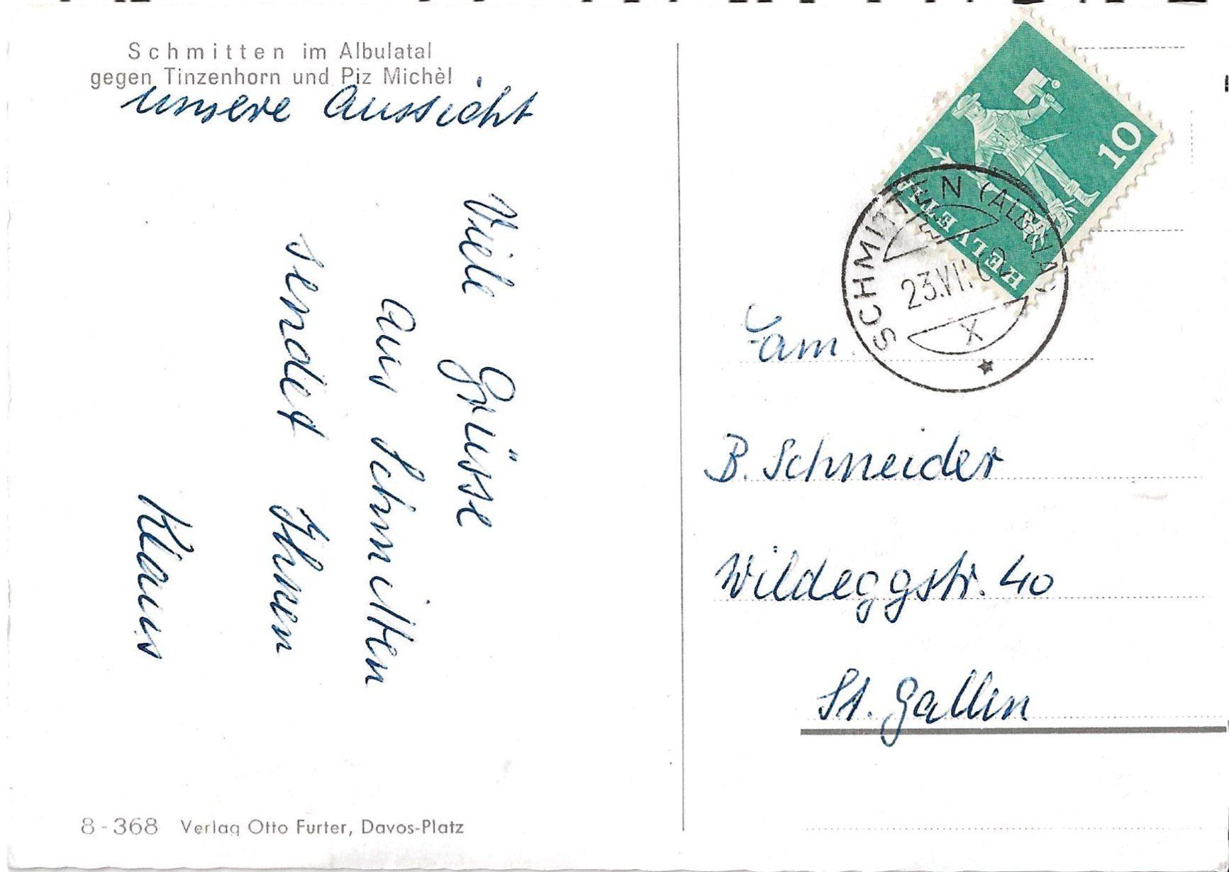 Cartoline postali: Karte Schmitten 1962 – Usato da Zürich venduto da Philacat11 1