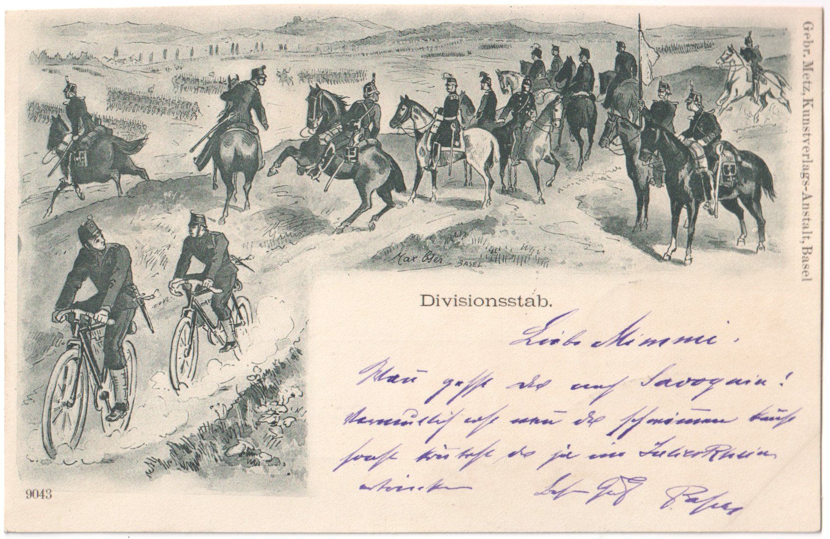 Cartoline postali: MILITÄR: Divisionsstabe mit Pferden & Radfahrer, Litho 1899 – Usato da Engelburg venduto da Swisscards