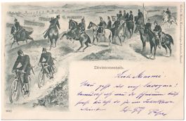 MILITÄR: Divisionsstabe mit Pferden & Radfahrer, Litho 1899