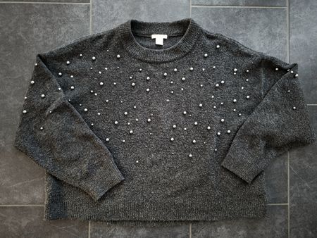 H&M Strickpullover, grau mit Perlen, Grösse L