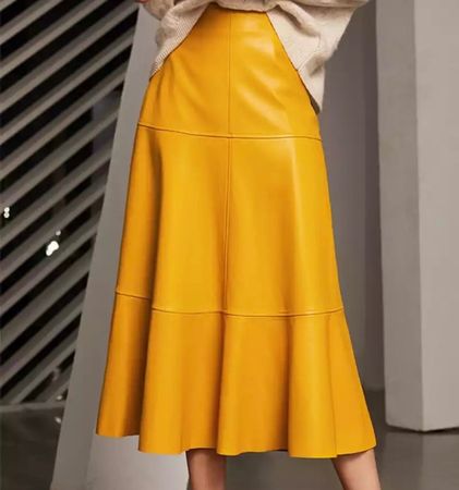 Damen Lederrock Midi A-Linie Gelb Grösse S neu