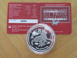 Australien Lunar II Münze 2018 / 2 Unzen Silber PP Hund