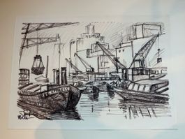 Zeichnung Hafen Ansicht Prof. Rolf Volle 1950 Basel Rhein