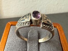 925er Silberring mit Amethyststein und Zirkonia, G.63