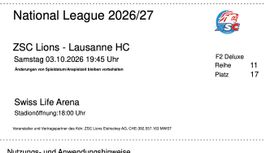 2 x Tickets - Sa. 03.10.2026 - ZSC Lions gg. Lausanne HC