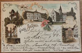 LITHO Gruss aus Aarau 1899 mit Rasierklingen Stempel