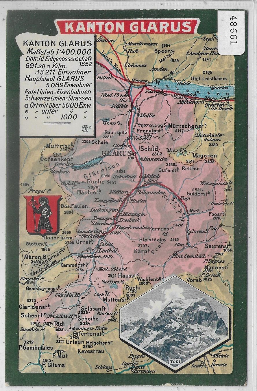 Cartoline postali: Kanton Glarus - Landkarte - Litho – Usato da Ettingen venduto da Kartenplanet