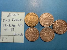 SUISSE : 5 X 2 FRANCS ARGENT 1939-40-43-44-63
