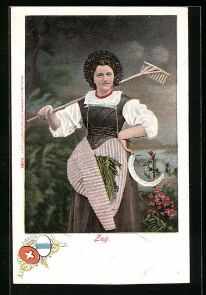 Cartoline postali: Zug, Trachtenfrau mit Rechen, Sichel und – Usato da Berlin venduto da bartko-reher