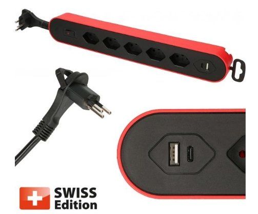 Stecker: Steckdosenleiste 5xT13 1xUSB Typ A 1xUSB TypC rot/schwarz – Gebraucht aus Igis von Vulleta.38 3