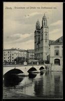 AK Zürich, Grossmünster und Brücke vom Stadthausquai aus