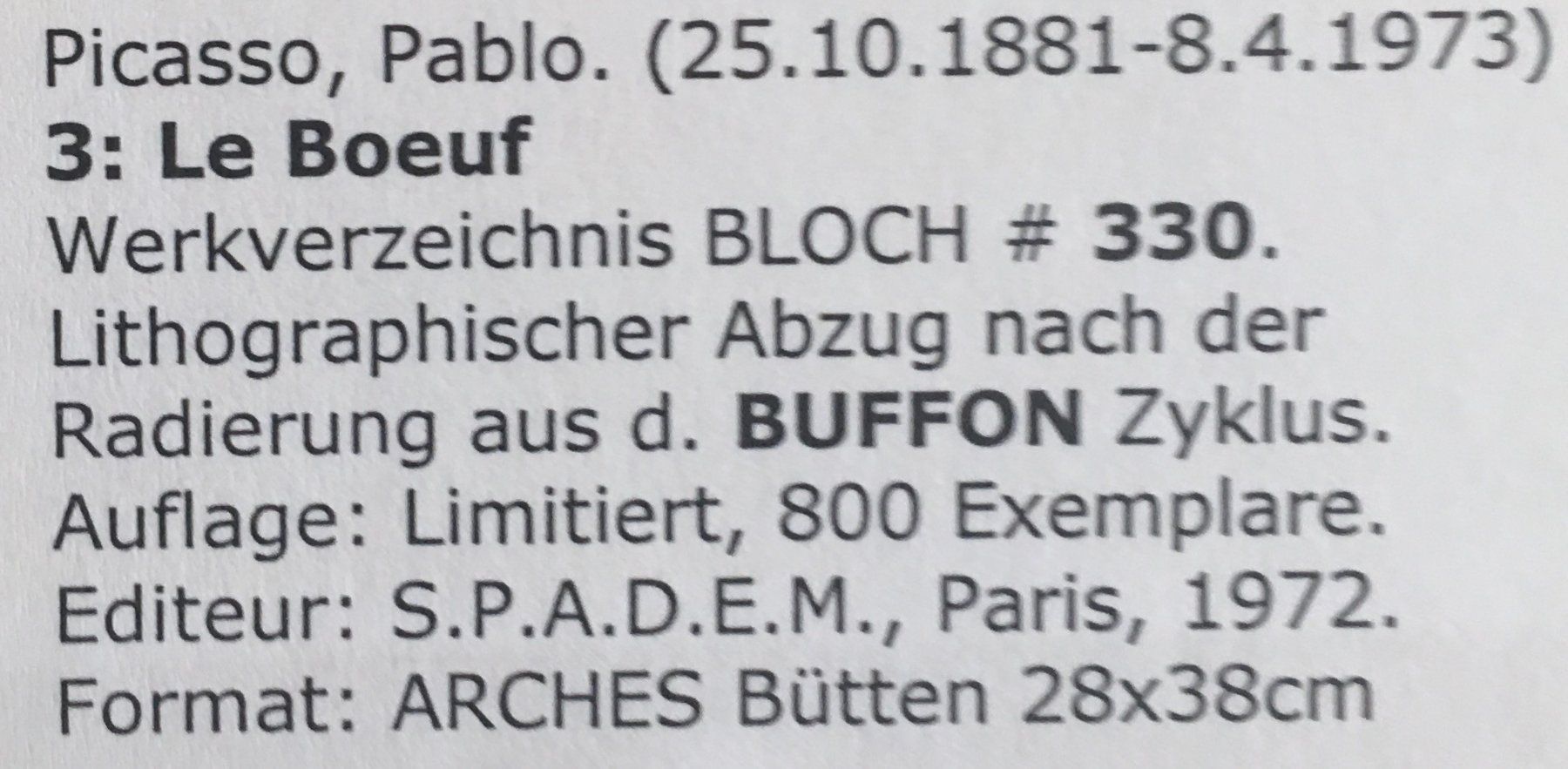 Grafica & Litografie: Pablo Picasso   Buffon Zyklus   "Le Boeuf"    Lithographie – Nuovo e nell'imballaggio originale da Nennigkofen venduto da Sommersonnen 8