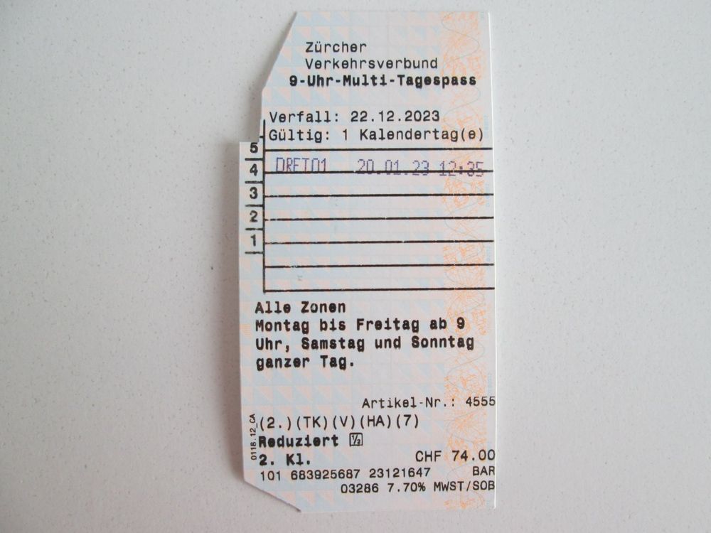 Ticket 9 Uhr Multi Tagespass 2. Kl. ZVV Halbtax bis 22.12.23 Kaufen auf Ricardo
