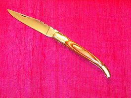 Laguiole Taschenmesser Edelstahl, Lagenholz-Braun, Lederetui