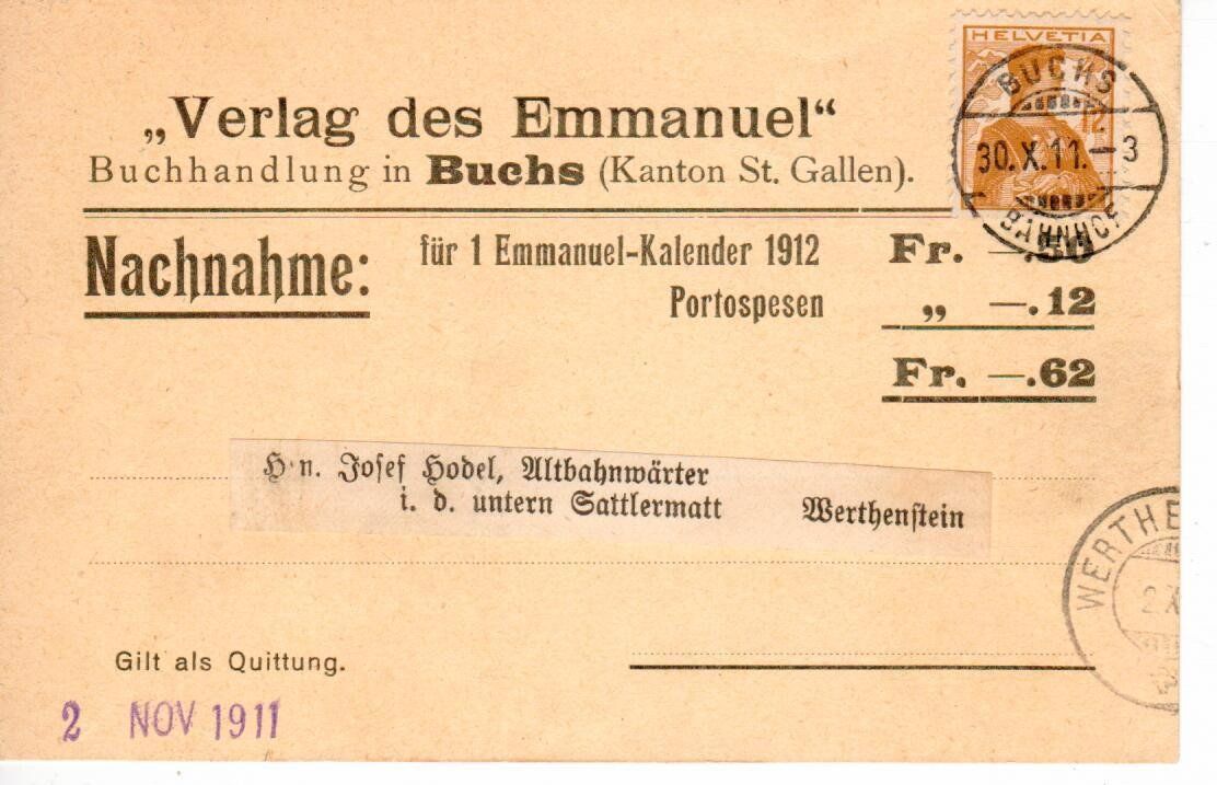 Alle Briefmarken: PK, Verlag des Emmanuel Buchs SG 1911 – Gebraucht aus Wolhusen von Curver9