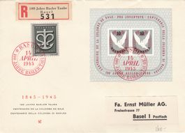 1945 R-FDC mit Baslertaube Zu. W23 Block und Zusatzfrankatur