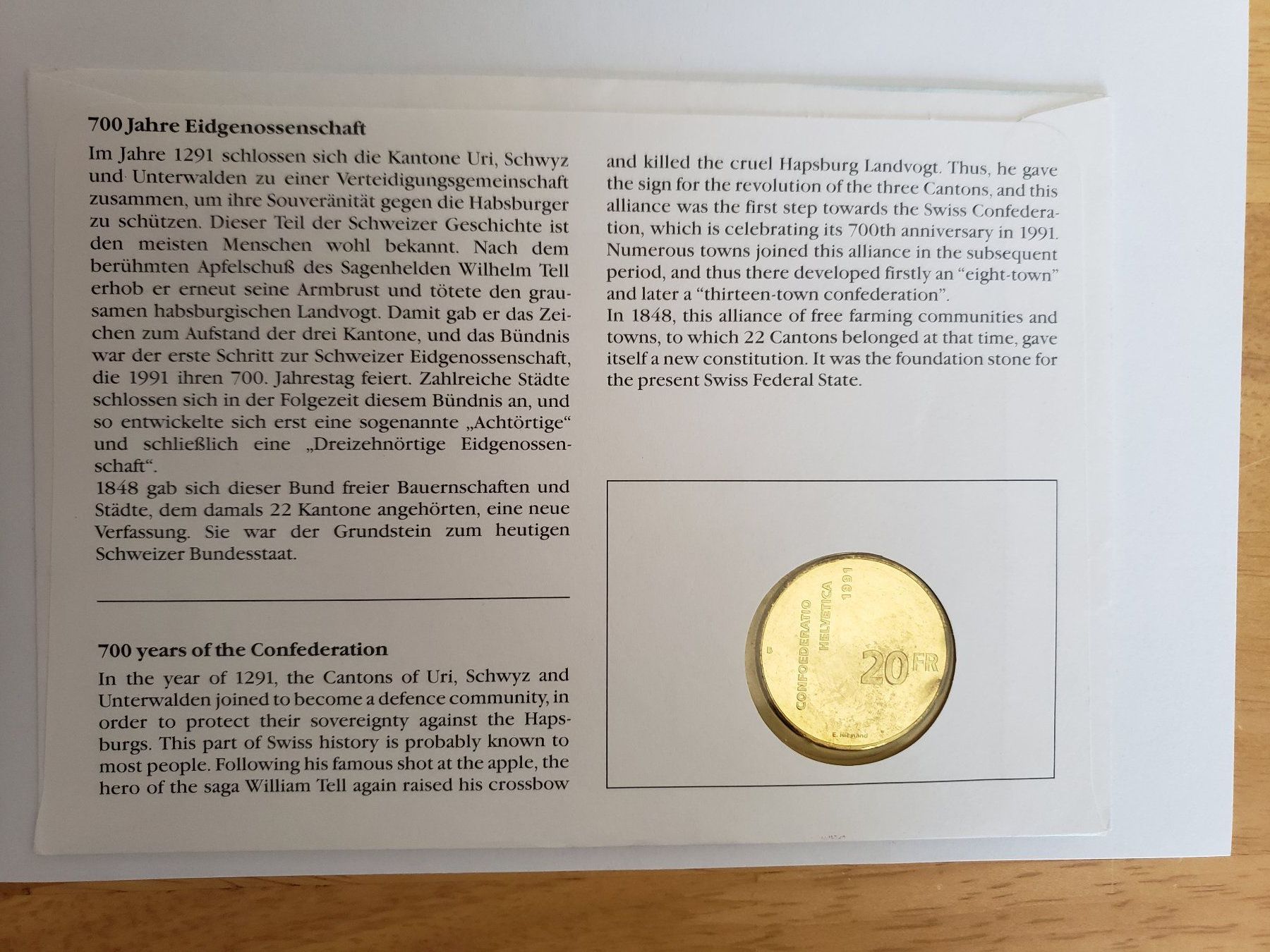 Tutti le monete: Münzbrief 1991 700 Jahre Eidgenossenschaft – Nuovo (secondo la descrizione) da Loveresse venduto da Gloveresse 1
