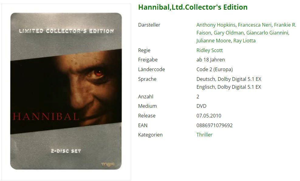Tutti i DVDs: Hannibal - Collector's Edition - DVD – Usato da Emmetten venduto da SVollenweider