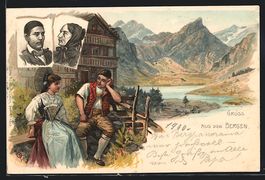Litho Paar in Appenzeller Tracht sitzt v
