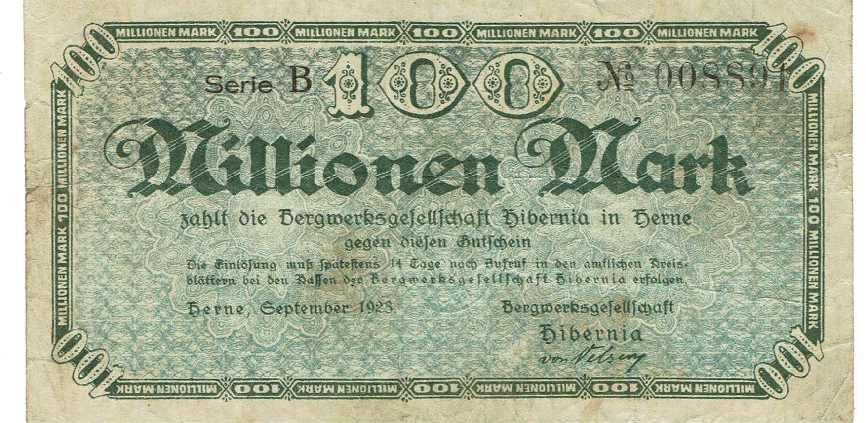 Banknoten: Herne 100 Mil.Mark Serie B 09.1923 SS+-SS++ – Gebraucht aus Steffisburg von ber_8htf