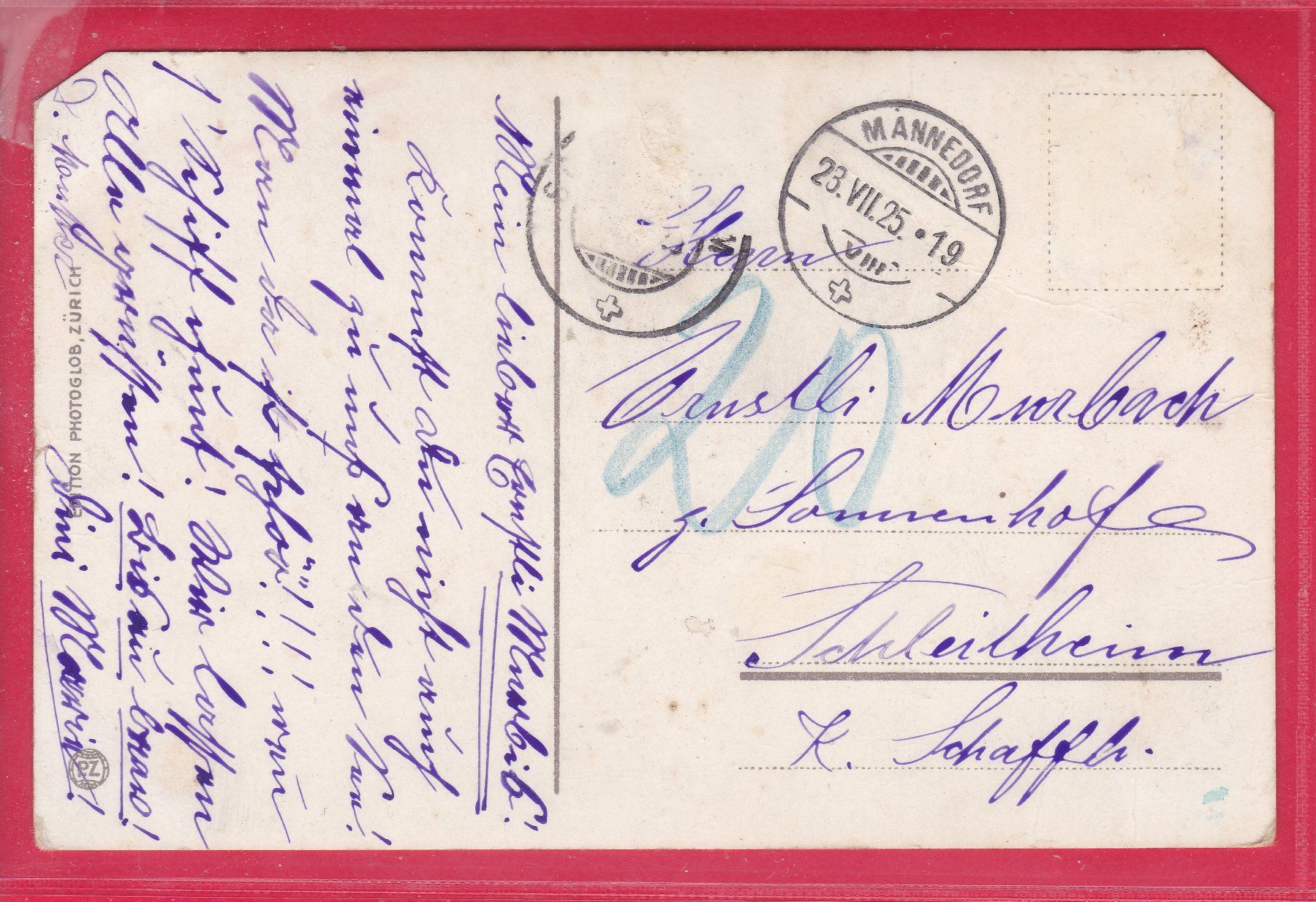 Cartoline postali: MÄNNEDORF MIT DAMPFER STADT ZÜRICH, 23.7.1925 – Usato da Oberrieden venduto da Gebirgsstelze 1