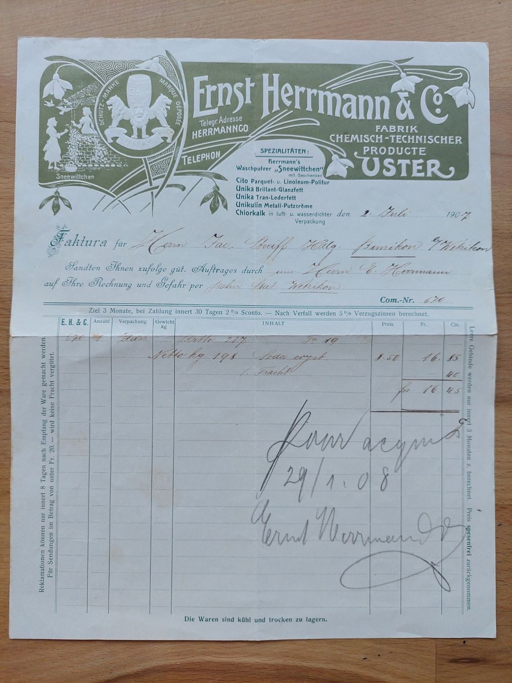Documenti: Alte Rechnung Briefkopf Uster 1907 – Usato da Obfelden venduto da Foto_Bild_Kunst_Buch