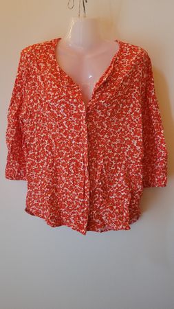 Damen Bluse rot weiss geblümt V-Ausschnitt M