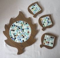 Vintage Untersetzer 4er-Set Mosaik auf Holzblätter 1960er