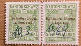 2 Stempelmarke Kanton Schwyz 20 Rappen 1966