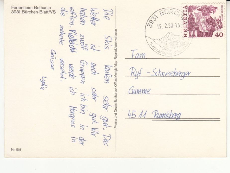 Cartoline postali: Bürchen Bethania 1980 – Usato da Bürglen TG venduto da StampGraf 1