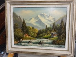Ölgemälde J. Ernst Berglandschaft mit Hütte gerahmt