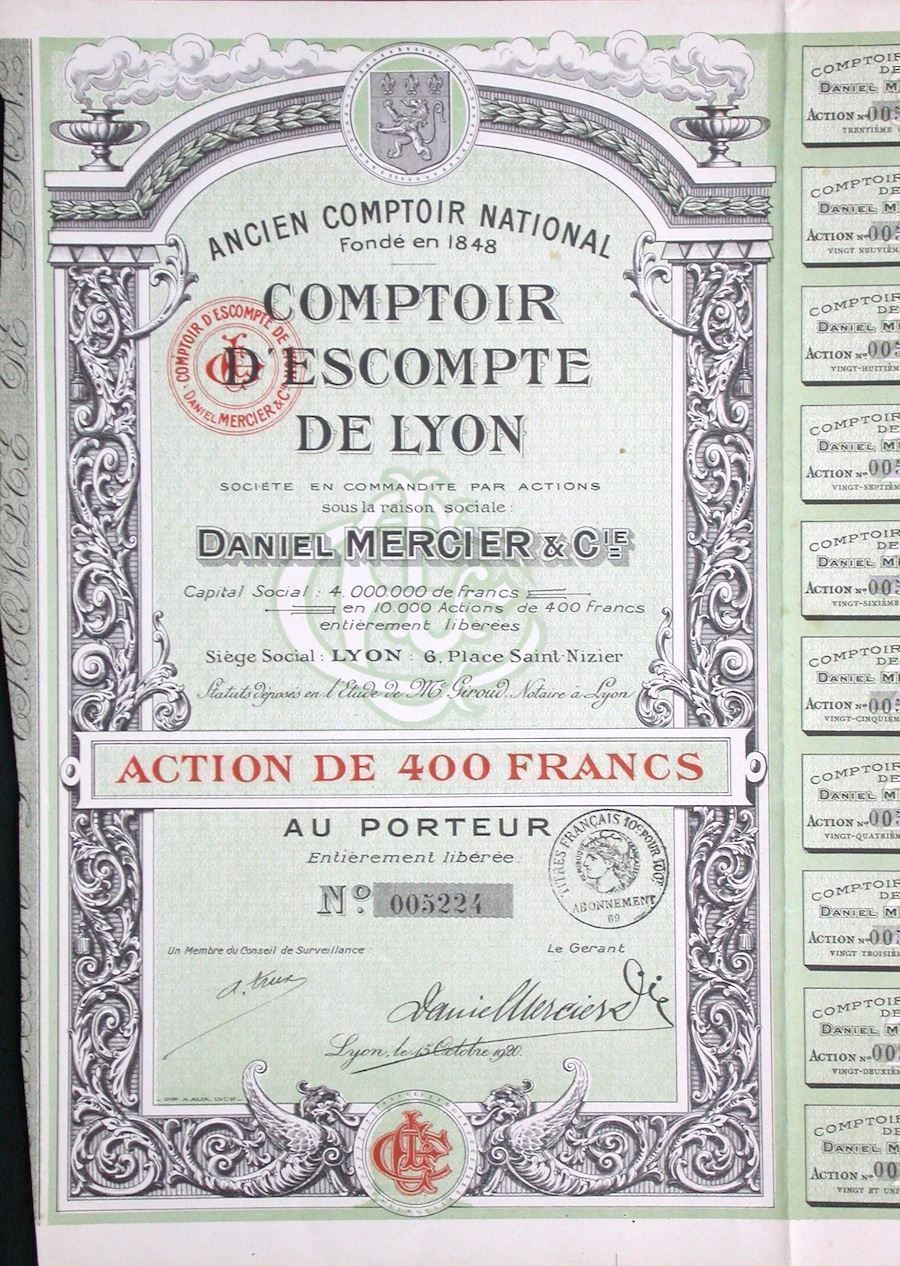 Documenti: Comptoir d'Escompte de Lyon, Lyon - 1920 – Usato da Solothurn venduto da Sgasche