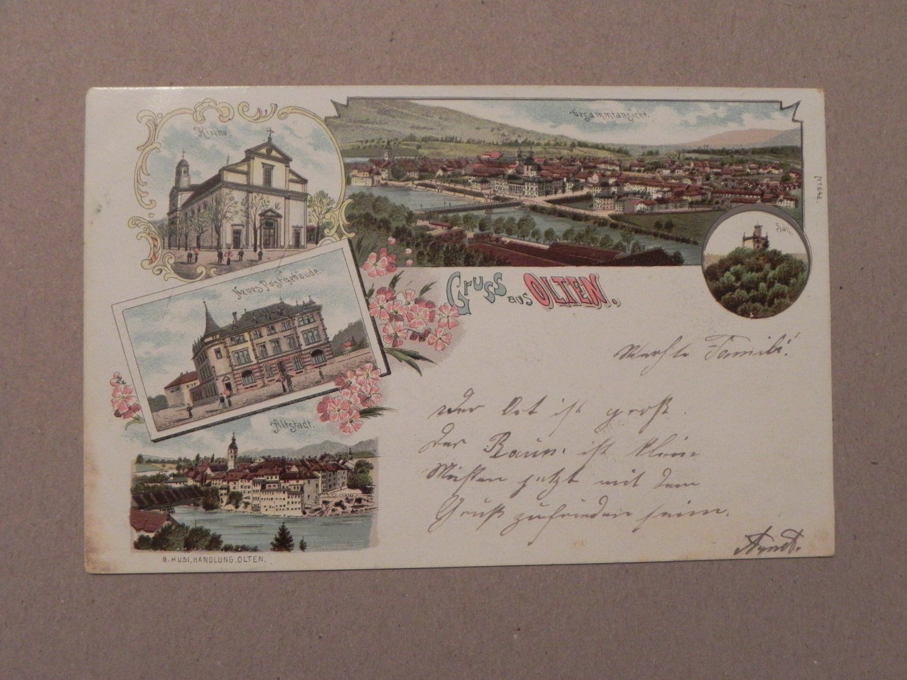 Cartoline postali: Litho Karte Ansichtskarte Olten SO Post Postgebäude 1900 – Usato da Siebnen venduto da krimsie
