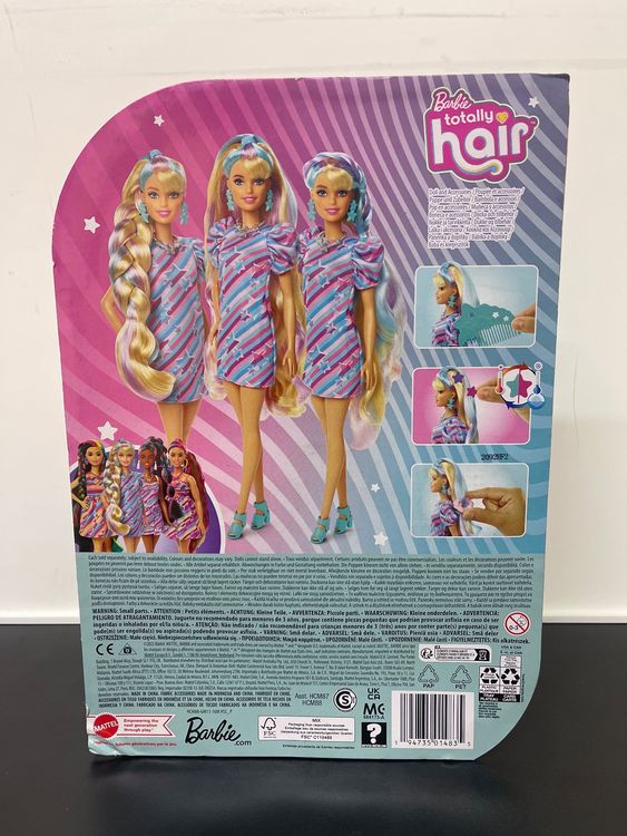 Barbie Totally Hair Puppe – Mit 21,5 Cm Langen Dunkelbraunen Regenbogenhaaren, Kariertem Kleid & 11 Accessoires