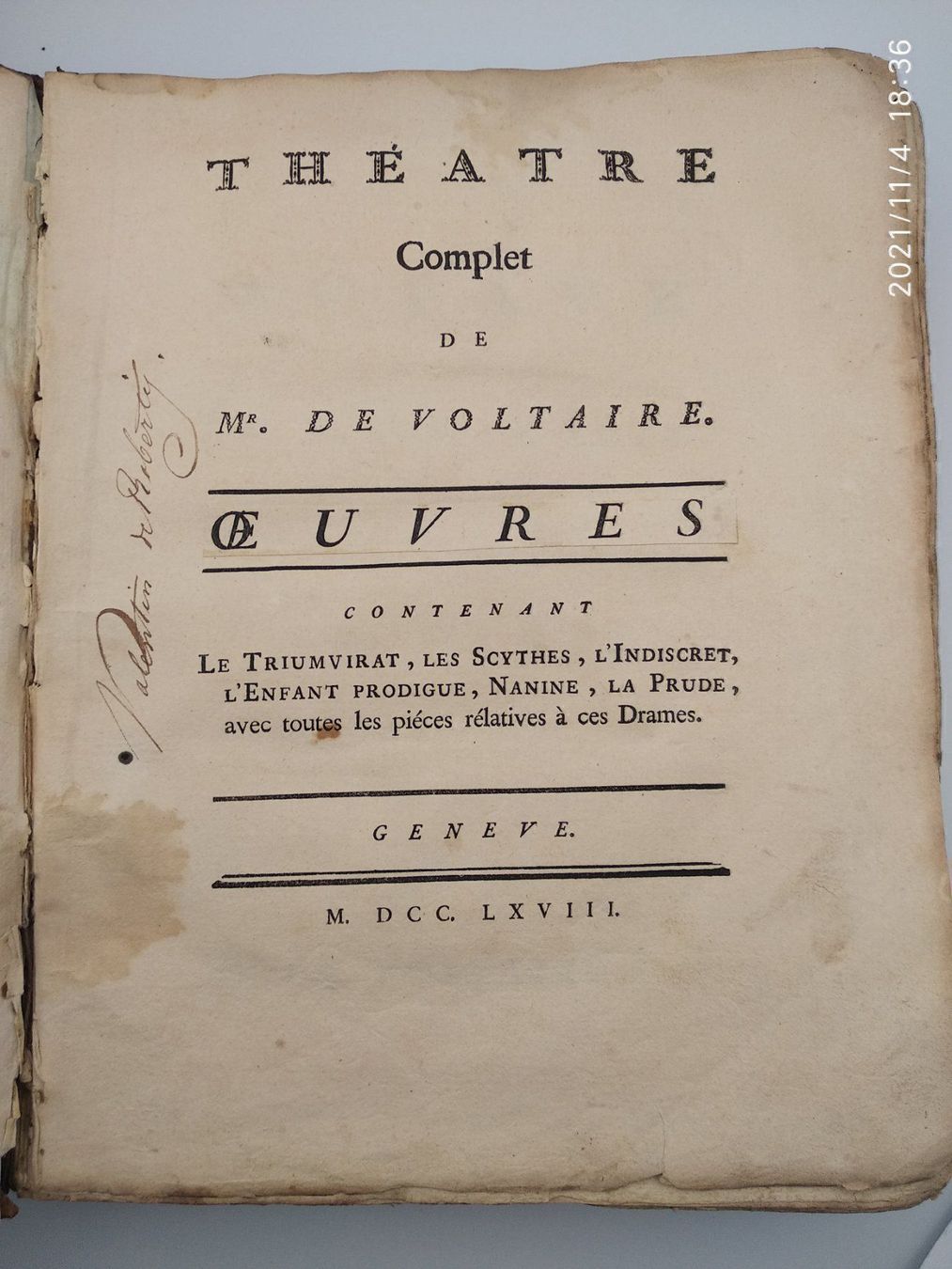 Libri: VOLTAIRE - THEATRE COMPLET - 1768 – Usato da Goldach venduto da Gaip