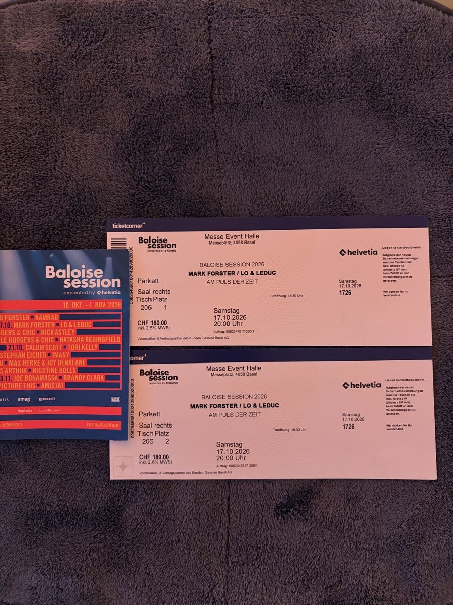 Biglietti: 2 Baloise Session Tickets Mark Forster Lo und Leduc – Nuovo e nell'imballaggio originale da Muttenz venduto da schnusi69