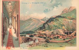 Amsteg UR Windgälle Reuss und Gotthardbahn Litho