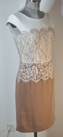 XS 34 COMMA elegantes Etuikleid Spitzen Cocktailkleid cognac