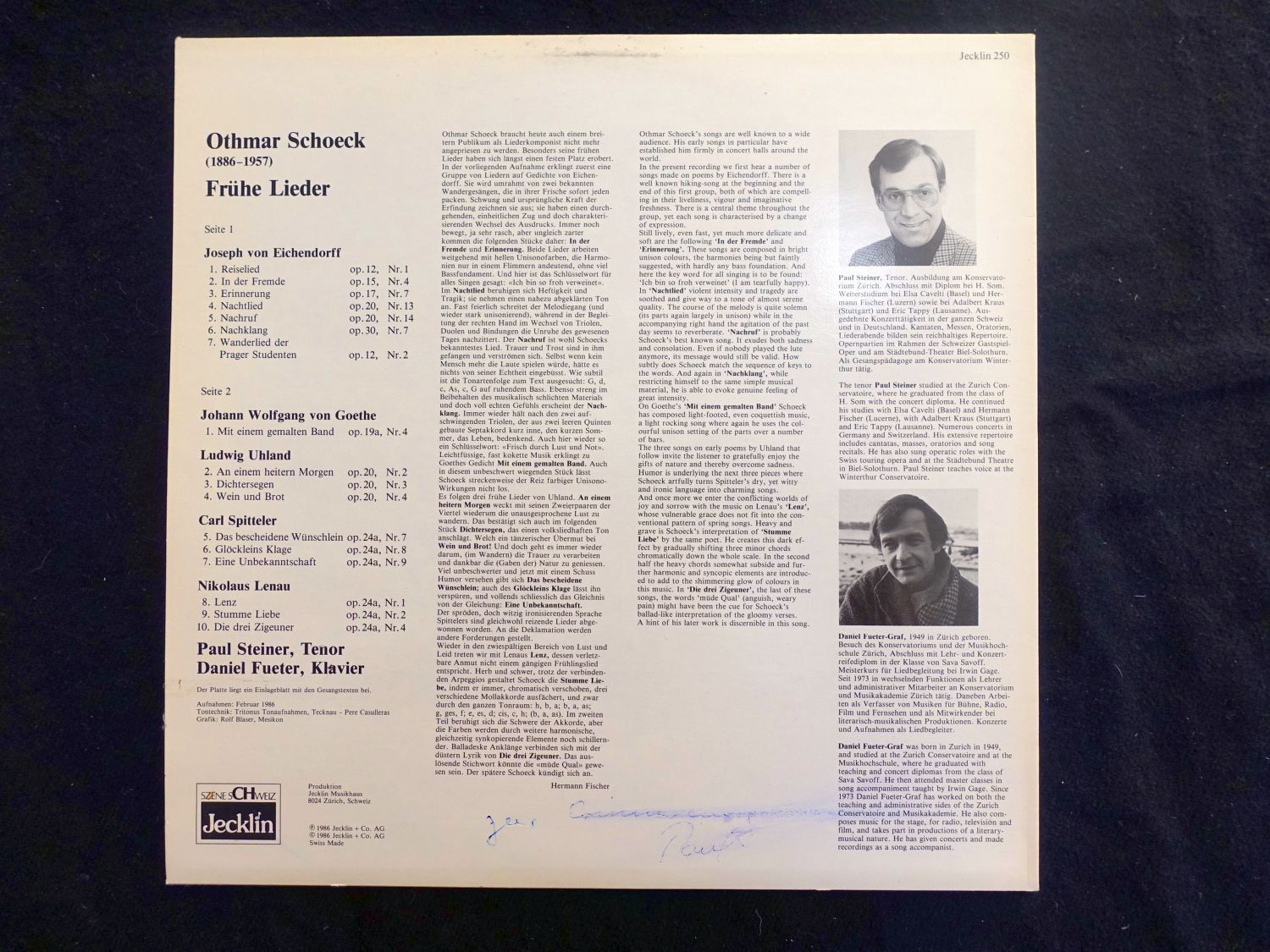 Schallplatten: LP Othmar Schoeck. Daniel Fueter, Paul Steiner. Jecklin. – Gebraucht aus Gutenswil von Optico 1