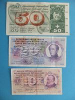 je 1 x 50, 20 und 10 Franken Schweizer Banknoten