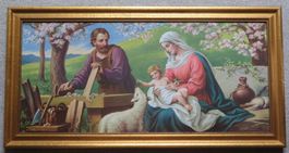 Vintage: altes Bild «Die Heilige Familie» Holzrahmen 86x44cm