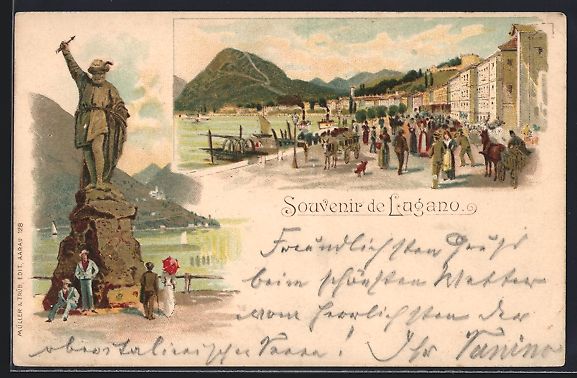 Cartoline postali: Litho Lugano, Ortspartie am See mit Will – Usato da Berlin venduto da bartko-reher