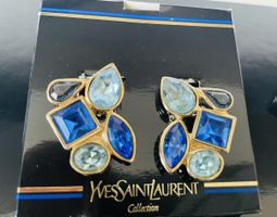 Boucles d'oreilles YSL vintage, pierres bleues, dorées