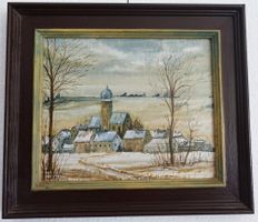 Ölbild: Dorf im Winter mit Zwiebelturm